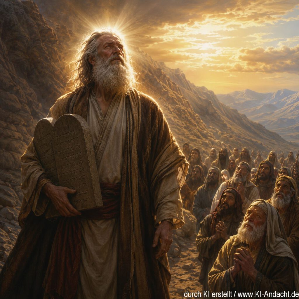 Mose steigt vom Berg herab und sein Gesicht strahlt vom Gespräch mit Gott, ChatGPT