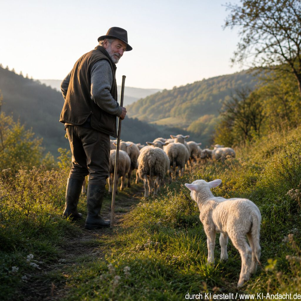 Ein Hirte passt auf, dass kein Lamm verloren geht, ChatGPT