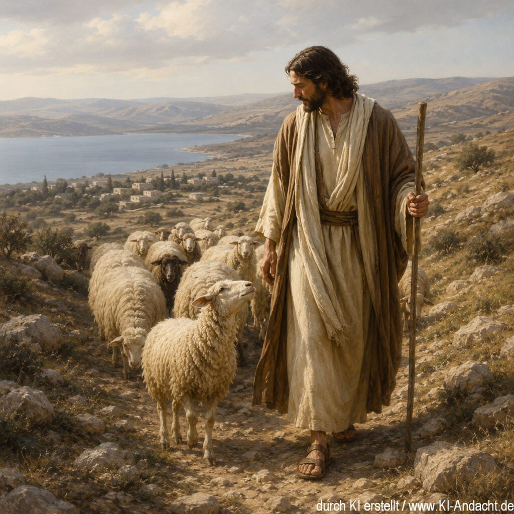 Jesus führt eine Herde Schafe über einen steinigen Hügel in Galiläa, ChatGPT