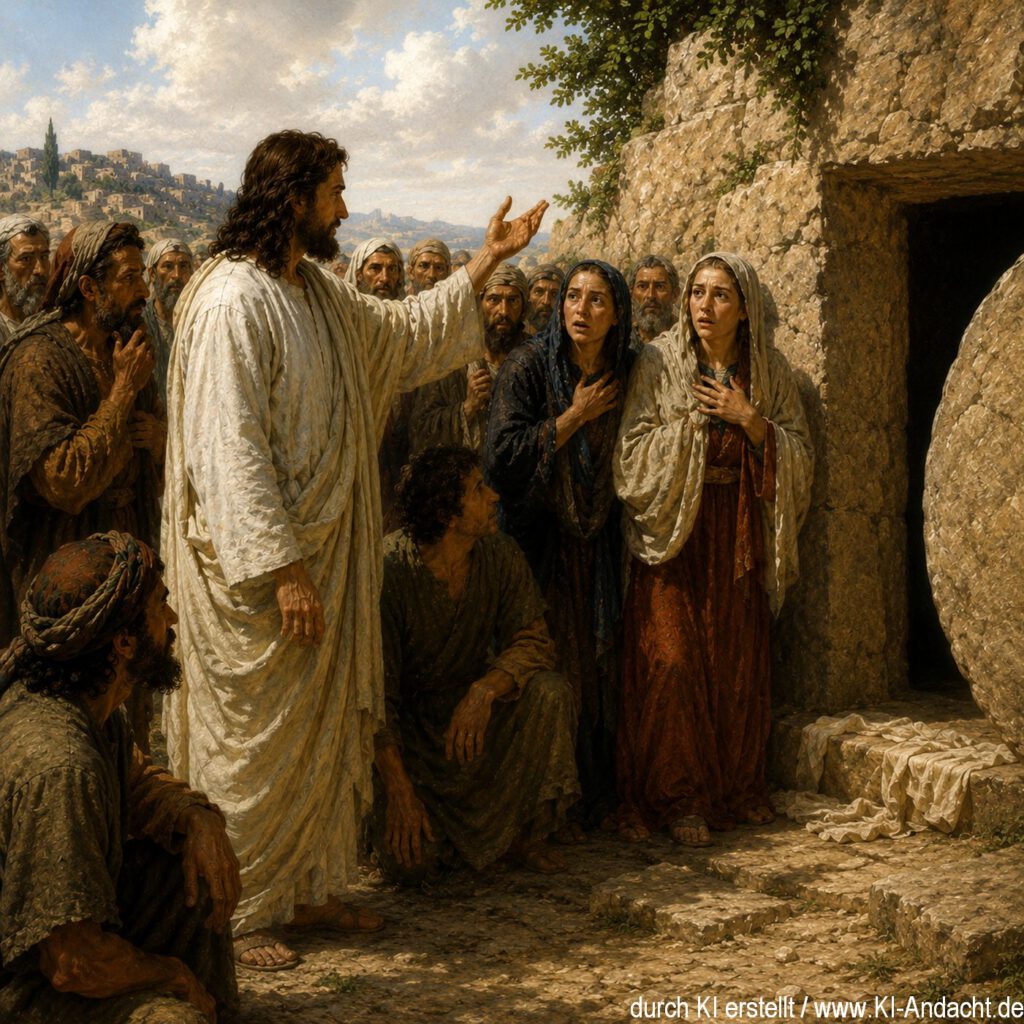 Jesus steht vor dem Grab des Lazarus in Bethanien, ChatGPT