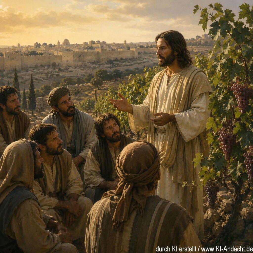 Jesus steht zwischen den Weinbergen vor den Toren Jerusalems und spricht zu seinen Jüngern, ChatGPT