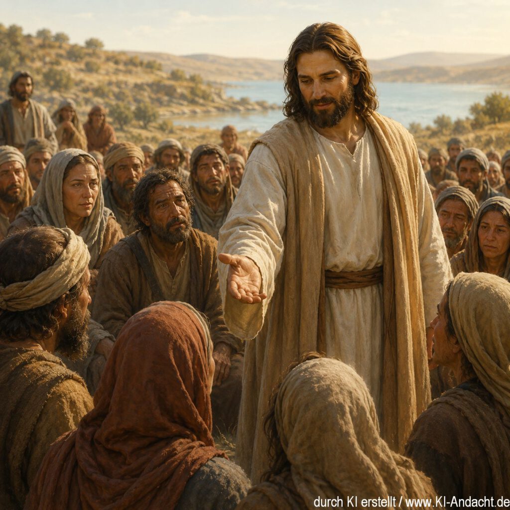 Jesus geht mit ausgestreckter Hand auf die Menschen zu, ChatGPT
