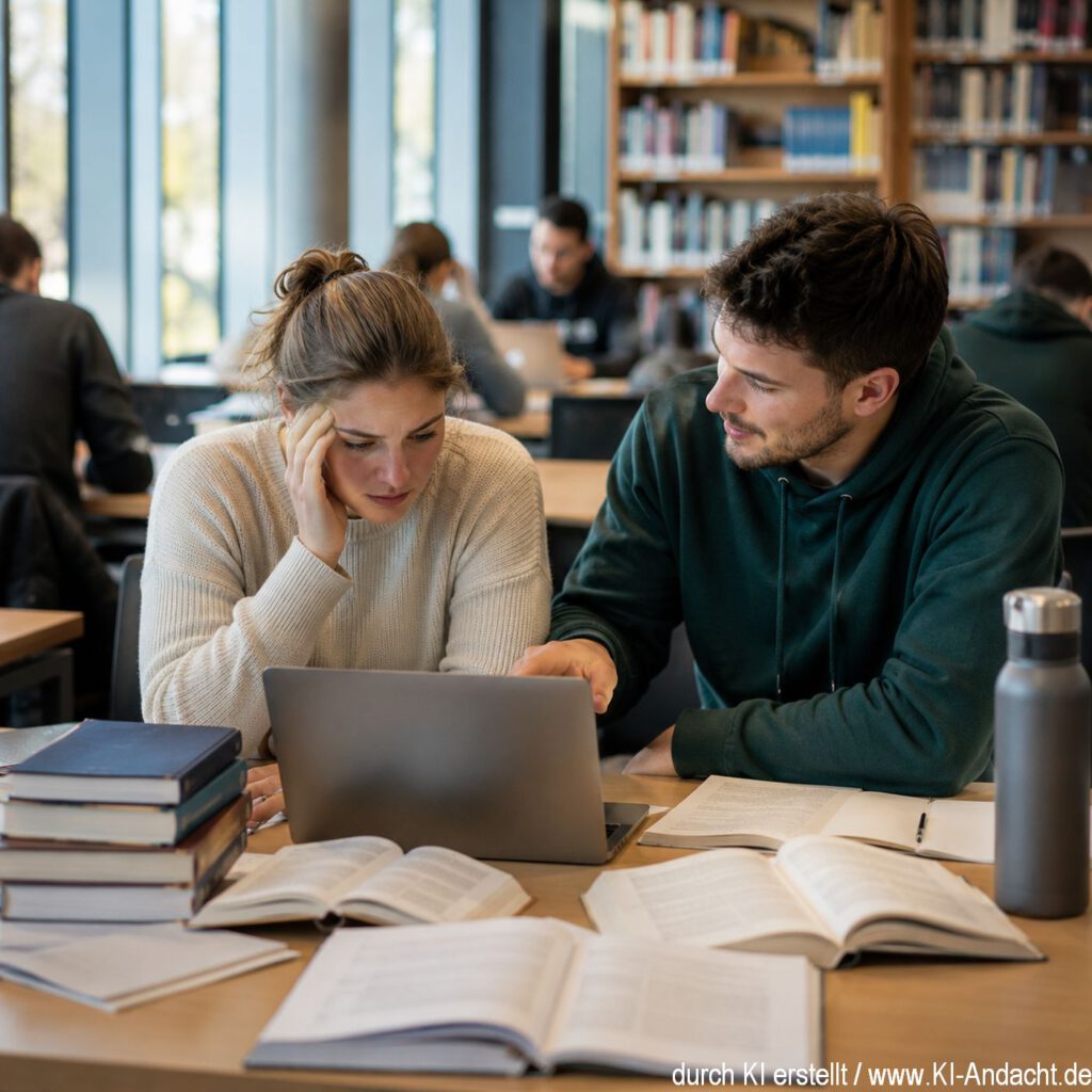 Ein anderer Student bemerkt ihre Unsicherheit, setzt sich freundlich zu ihr, ChatGPT