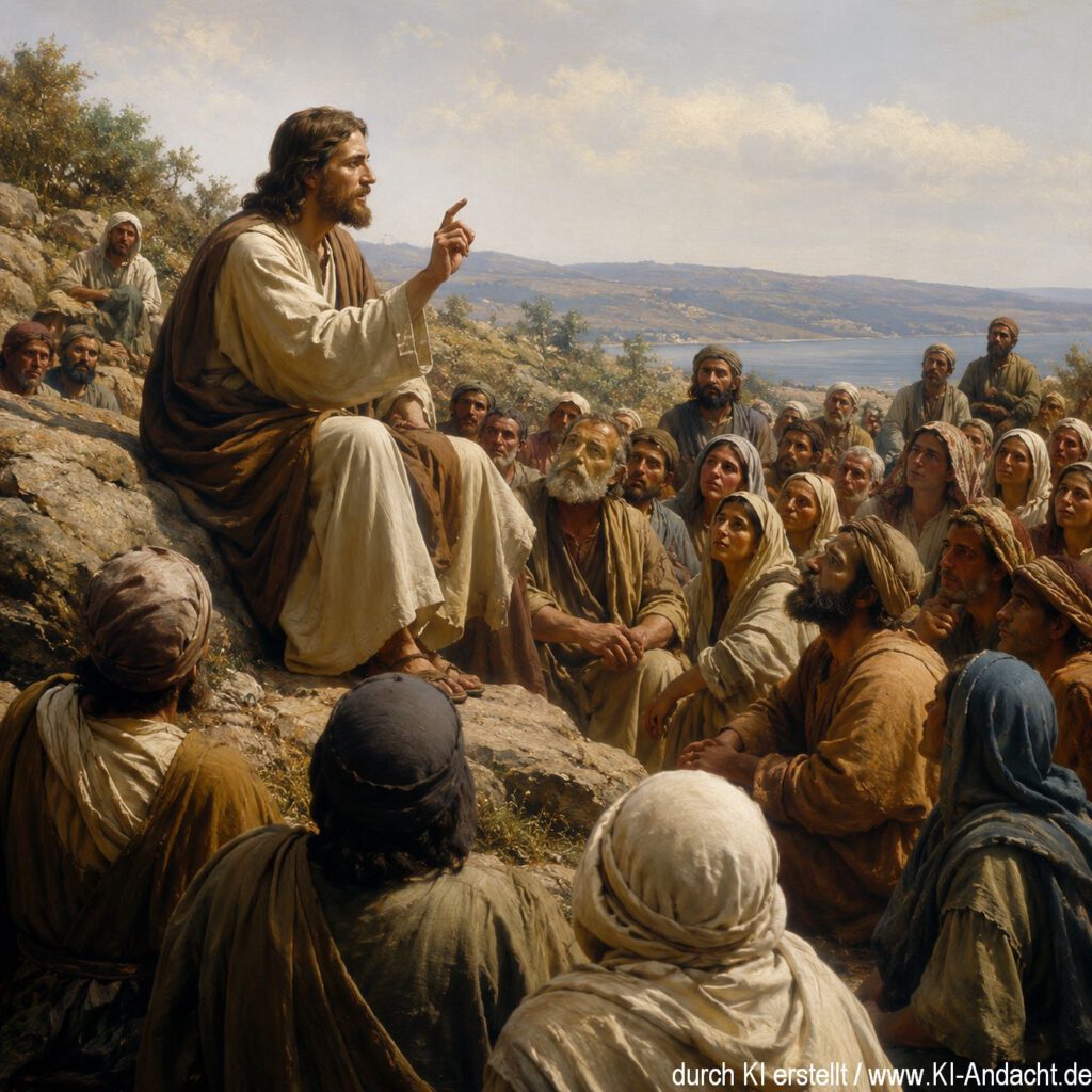 Jesus spricht die Bergpredigt vor einer großen Menschenmenge, ChatGPT