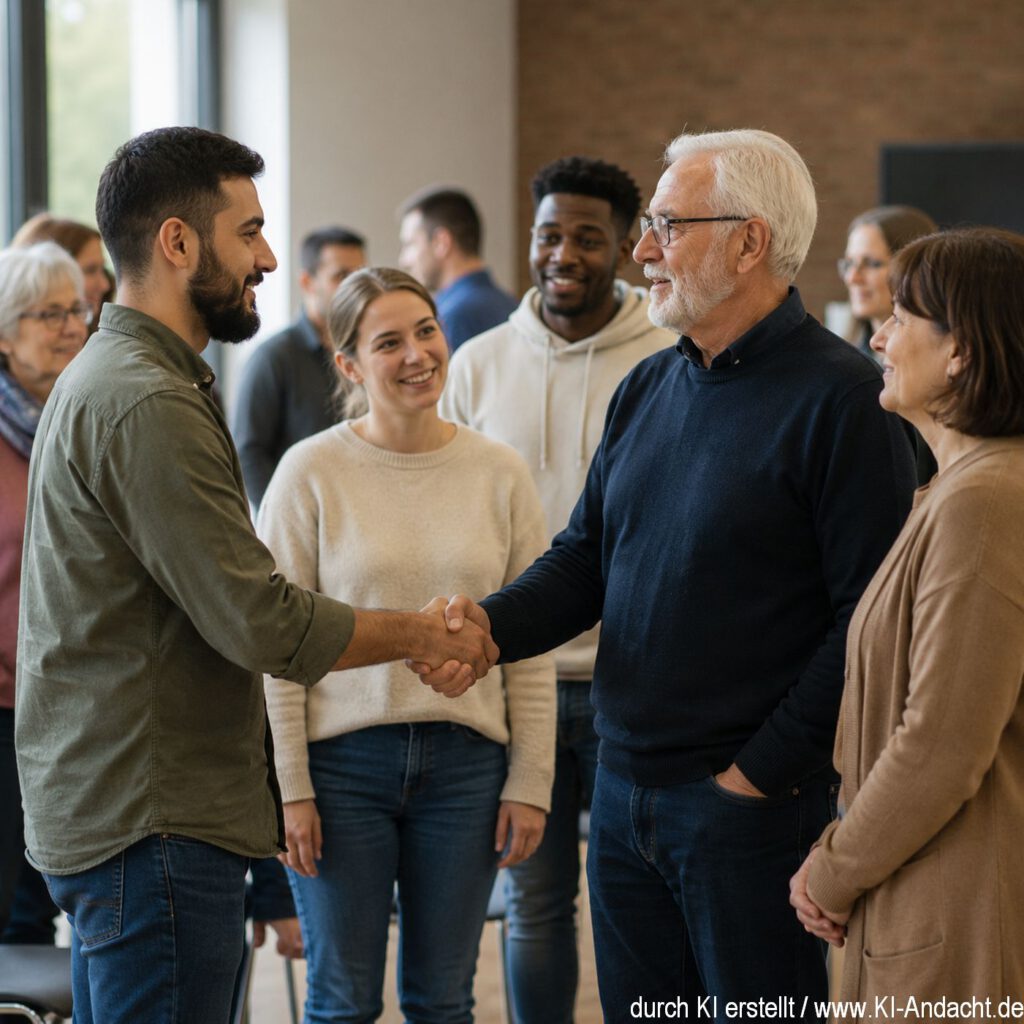 Menschen verschiedener Generationen und Herkunft reichen sich nach einer sachlichen Diskussion die Hand, ChatGPT