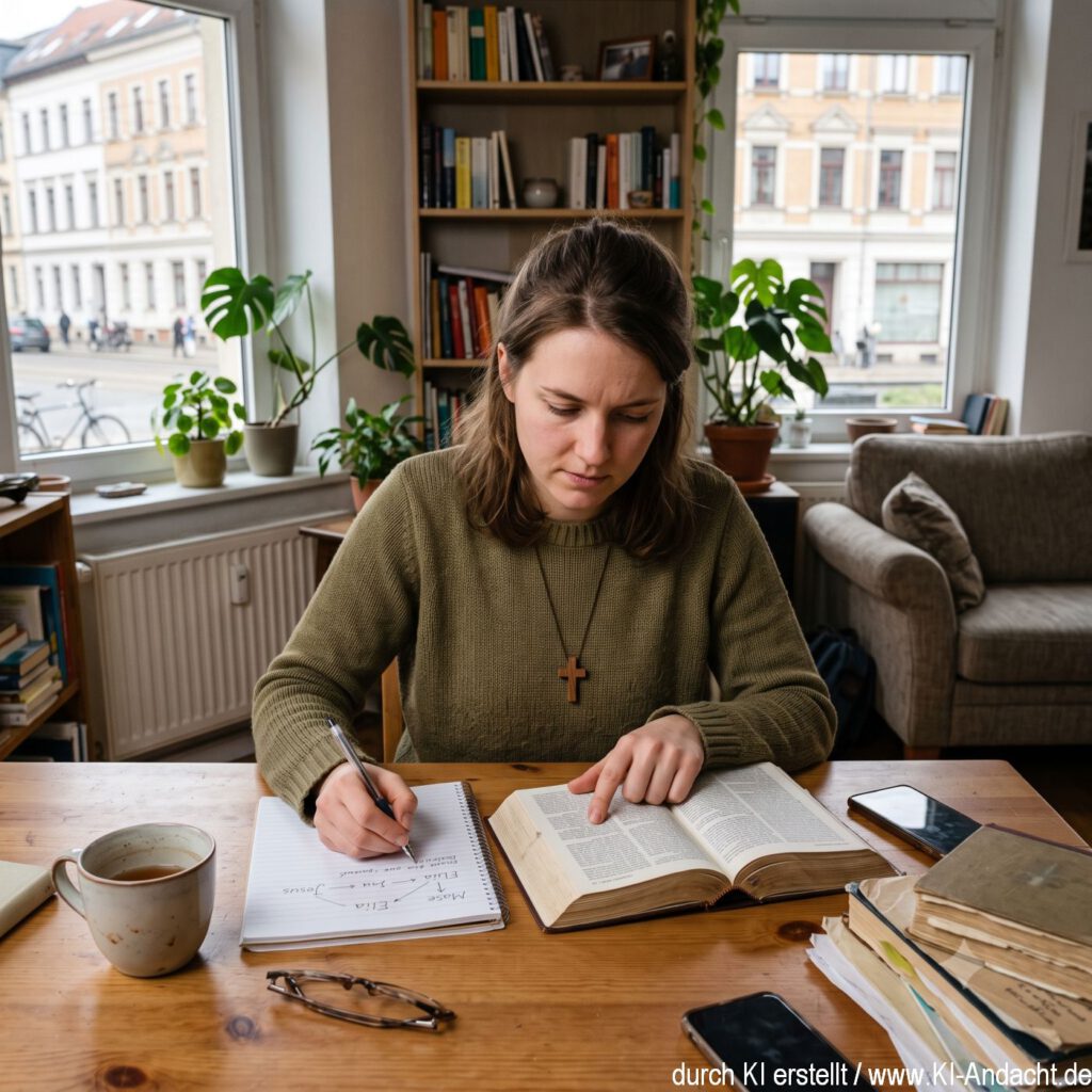 Eine Frau sitzt an einem Tisch mit geöffneter Bibel und verfolgt die Verbindung zwischen Mose, Elia und Jesus, Gemini