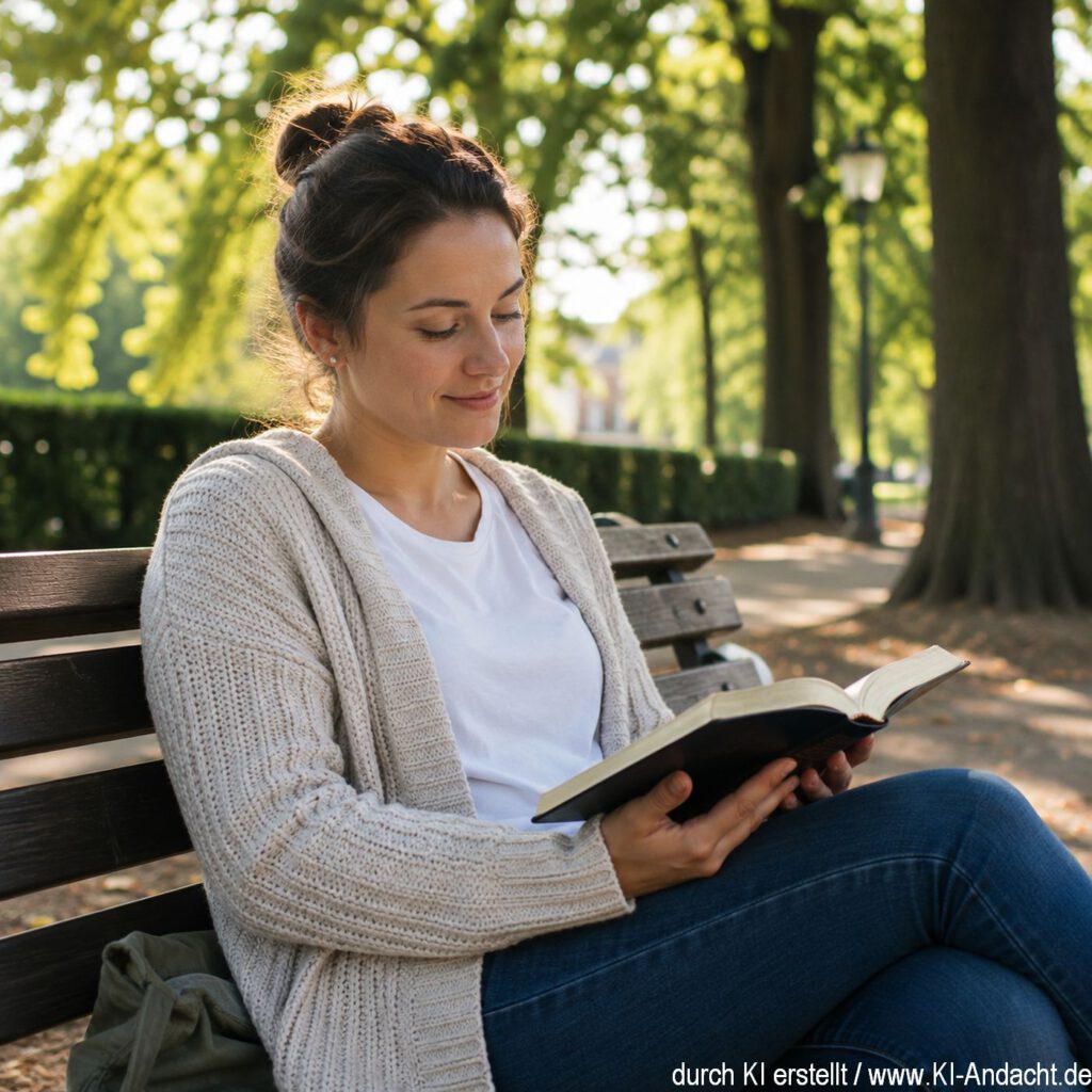 Eine Frau sitzt nachdenklich auf einer Parkbank und liest in einer Bibel, ChatGPT