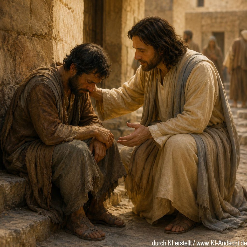 Jesus spricht einem Menschen liebevoll Hoffnung zu, ChatGPT