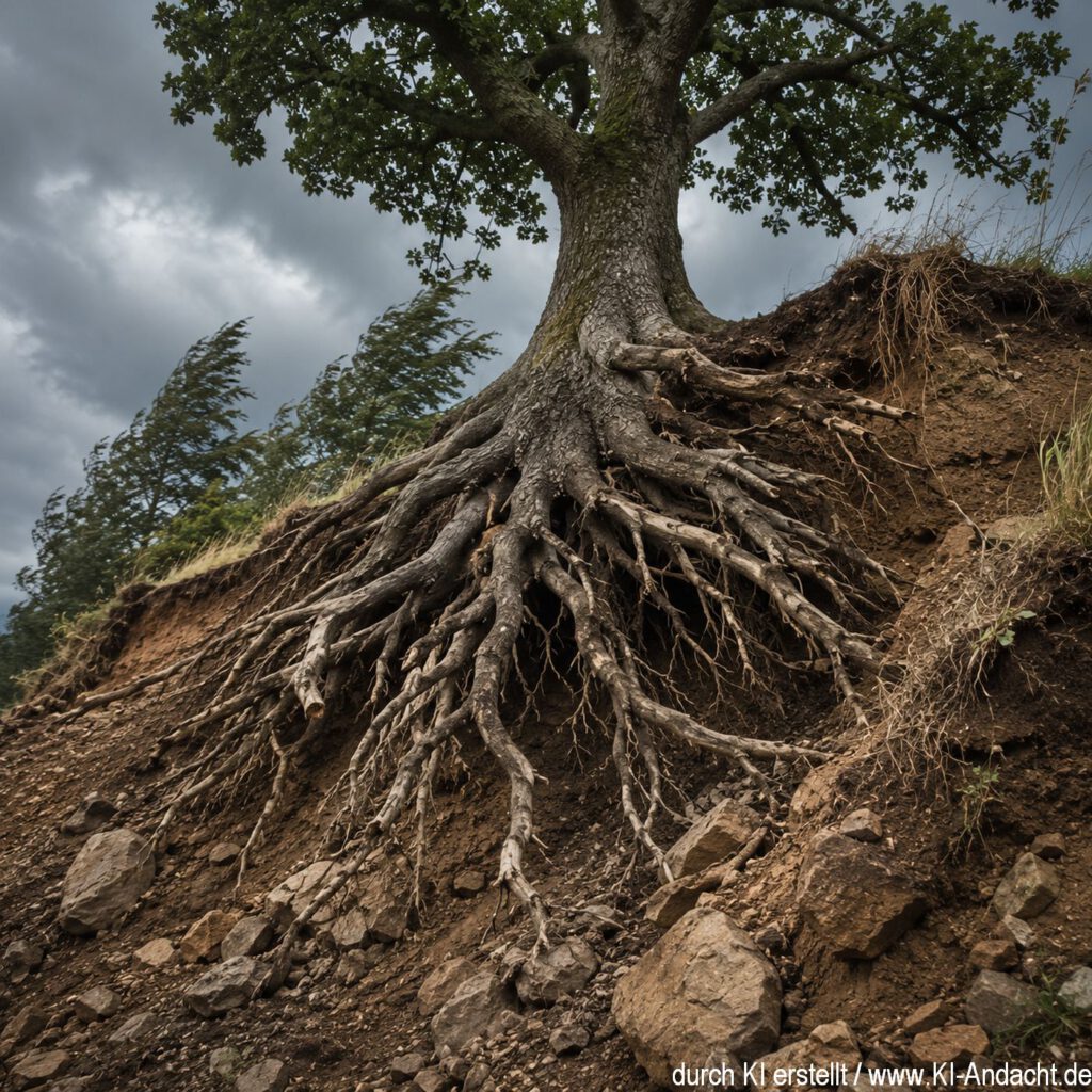 Ein alter Baum, dessen mächtige Wurzeln nach einem Hangrutsch sichtbar geworden sind, ChatGPT