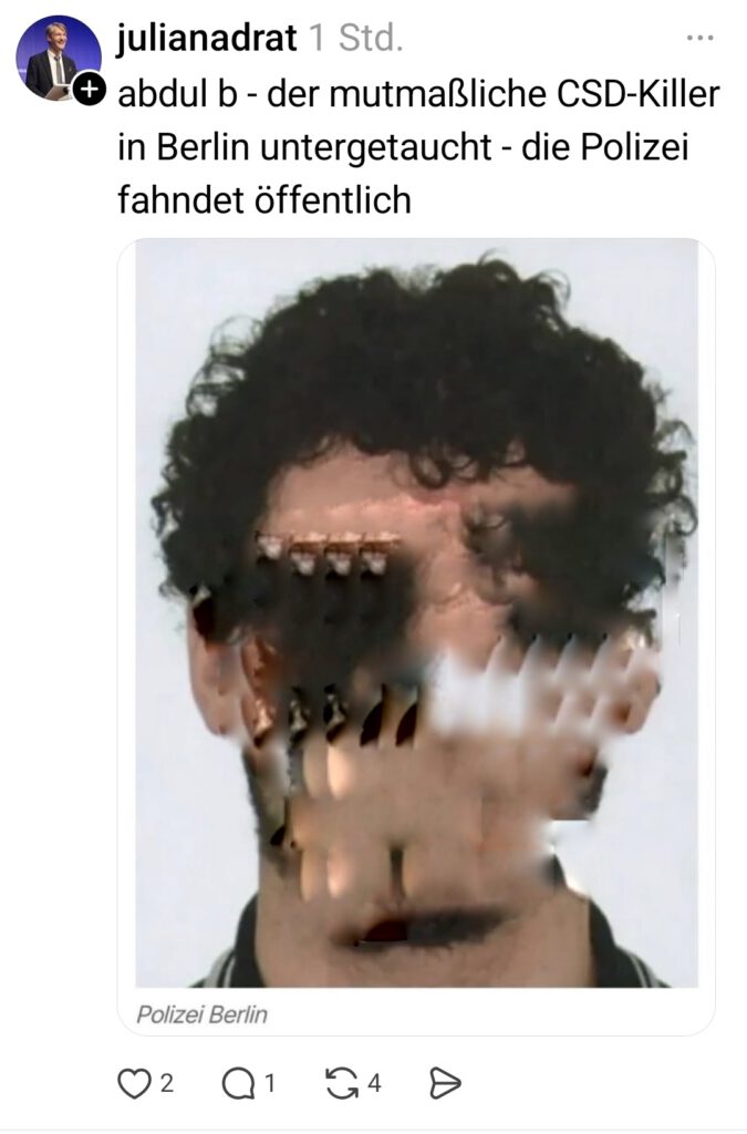 Original-Screenshot bei Threads, 26.07.26 (Der mutmaßliche Täter ist verstorben, die Fahndung läuft nicht mehr, deshalb ist das Gesicht unkenntlich gemacht worden.)