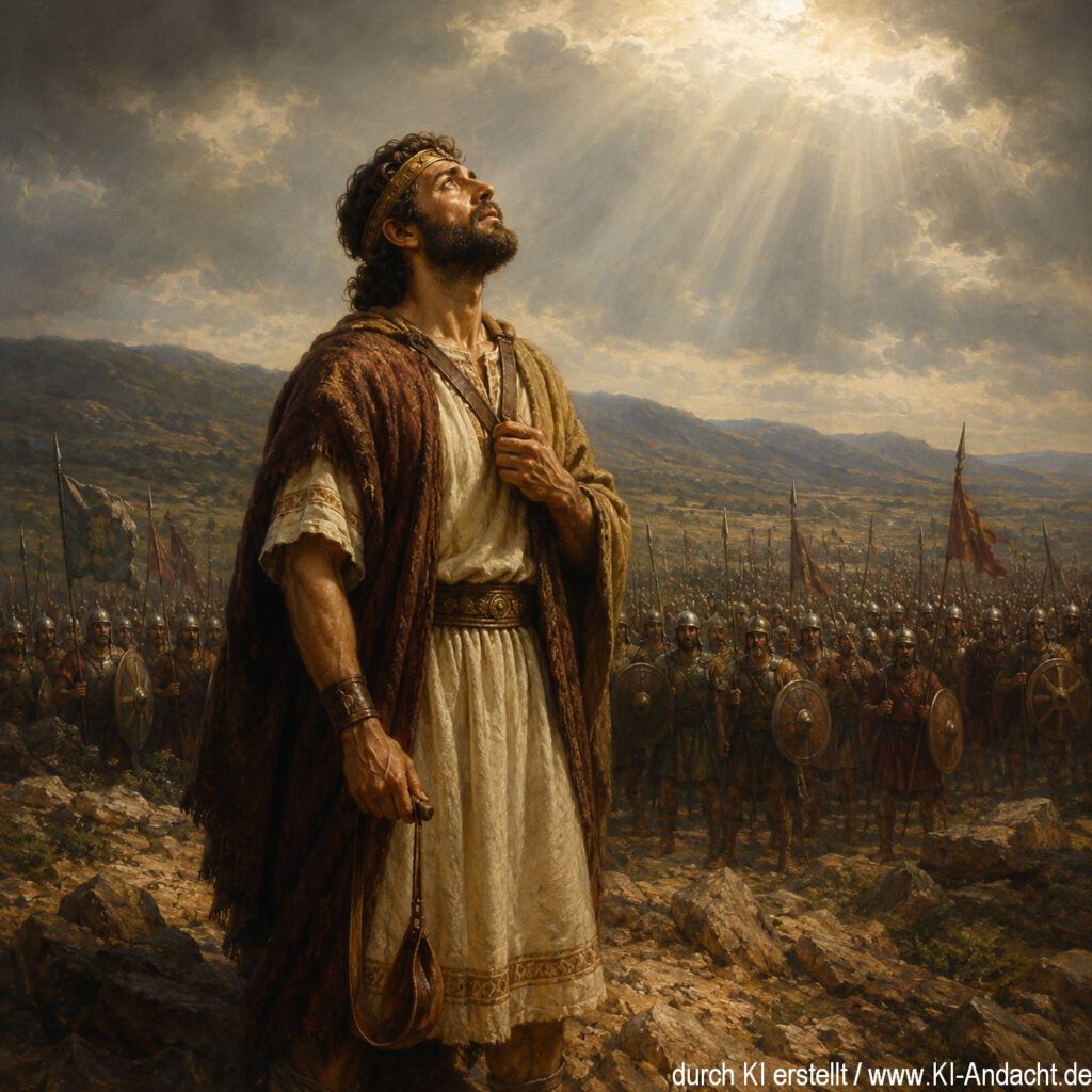 König David steht einer bewaffneten Übermacht gegenüber und betet zu Gott, ChatGPT