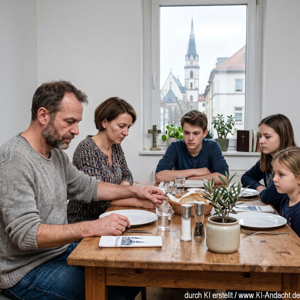 Ein Mann sitzt nach einer schweren Diagnose mit seiner Familie am Esstisch, Gemini