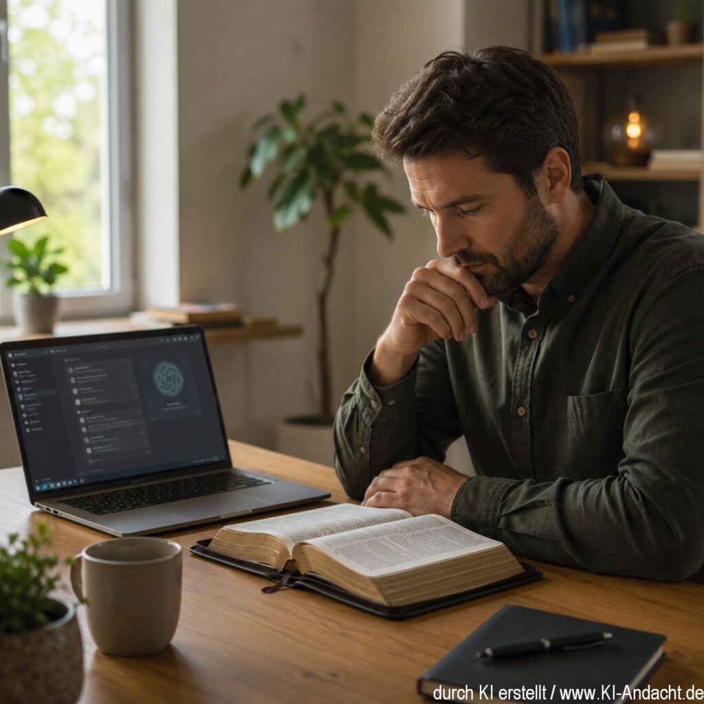Ein Christ liest die Bibel, daneben ein Laptop, ChatGPT