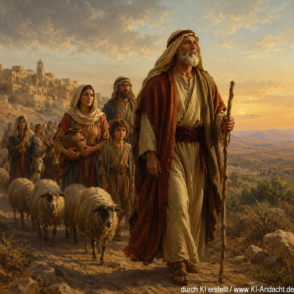 Abraham verlässt seine Heimat und zieht im Vertrauen Gottes Ruf folgend in ein unbekanntes Land, ChatGPT