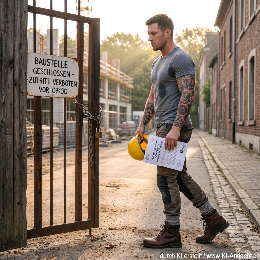 in junger Handwerker steht früh morgens vor einer verschlossenen Baustelle- sein neuer Arbeitsplatz, Gemini