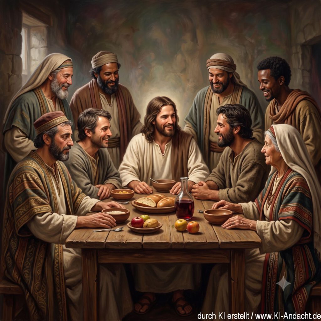 Jesus sitzt mit Zöllnern, einfachen Arbeitern und Menschen mit sichtbar unterschiedlicher Herkunft an einem gemeinsamen Tisch, Gemini
