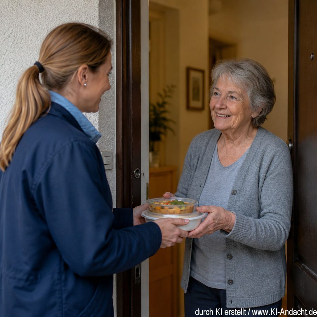 Eine kranke Frau wird von ihrer Nachbarin mit Essen versorgt, ChatGPT