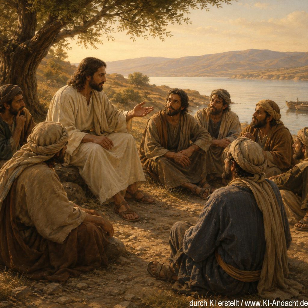 Jesus lehrt im Abendlicht am See, ChatGPT