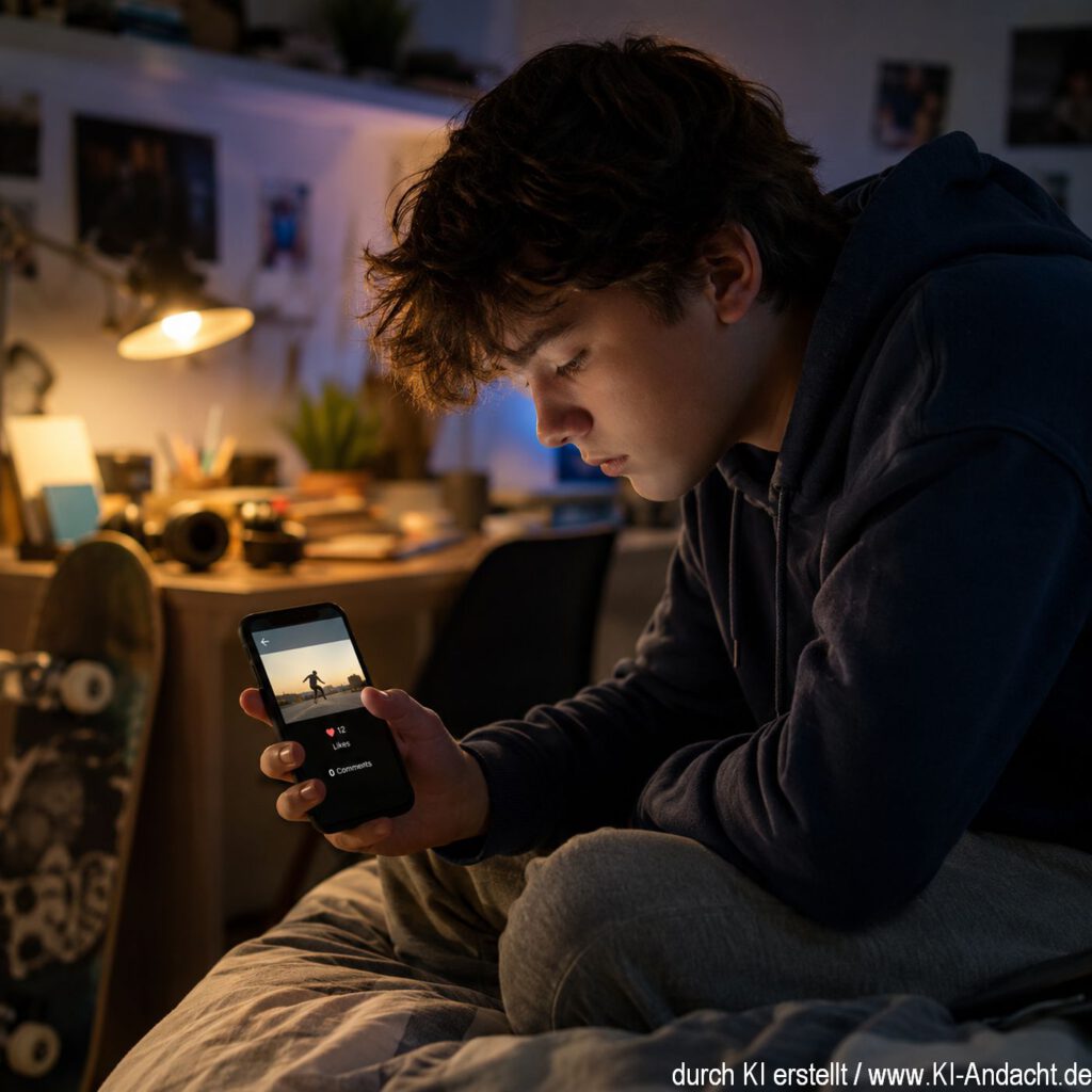 Ein Jugendlicher sitzt abends auf seinem Bett und schaut enttäuscht auf sein Smartphone, ChatGPT