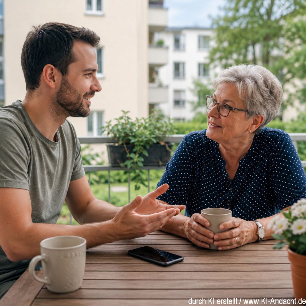 Zwei Nachbarn sprechen freundlich miteinander über eine Nachricht, anstatt sich zu streiten, ChatGPT