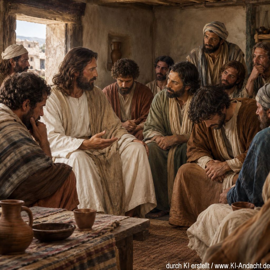 Jesus sitzt mit seinen zwölf Jüngern in einem Haus in Kapernaum, ChatGPT