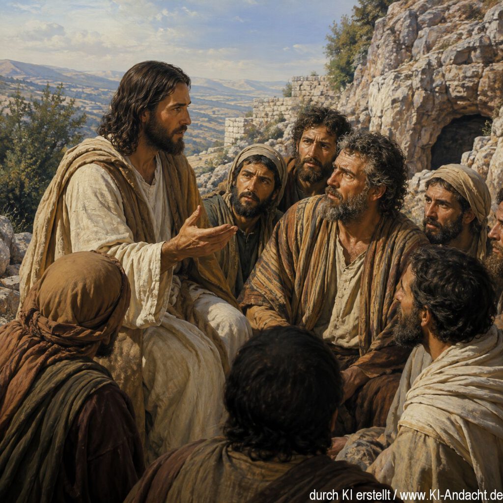 Jesus mit seinen Jüngern in der felsigen Landschaft bei Cäsarea Philippi, ChatGPT