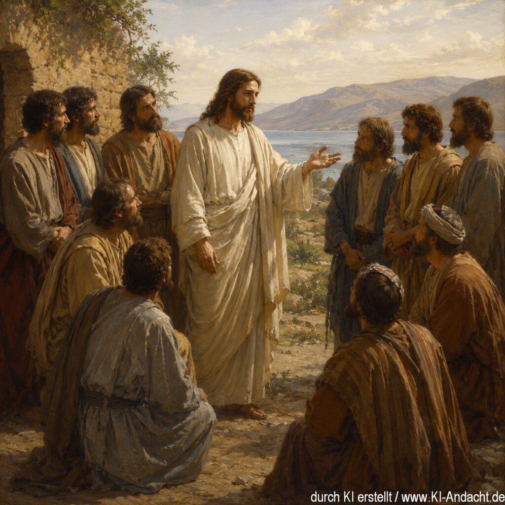 Jesus Christus spricht nach seiner Auferstehung zu seinen Jüngern und sendet sie aus, ChatGPT