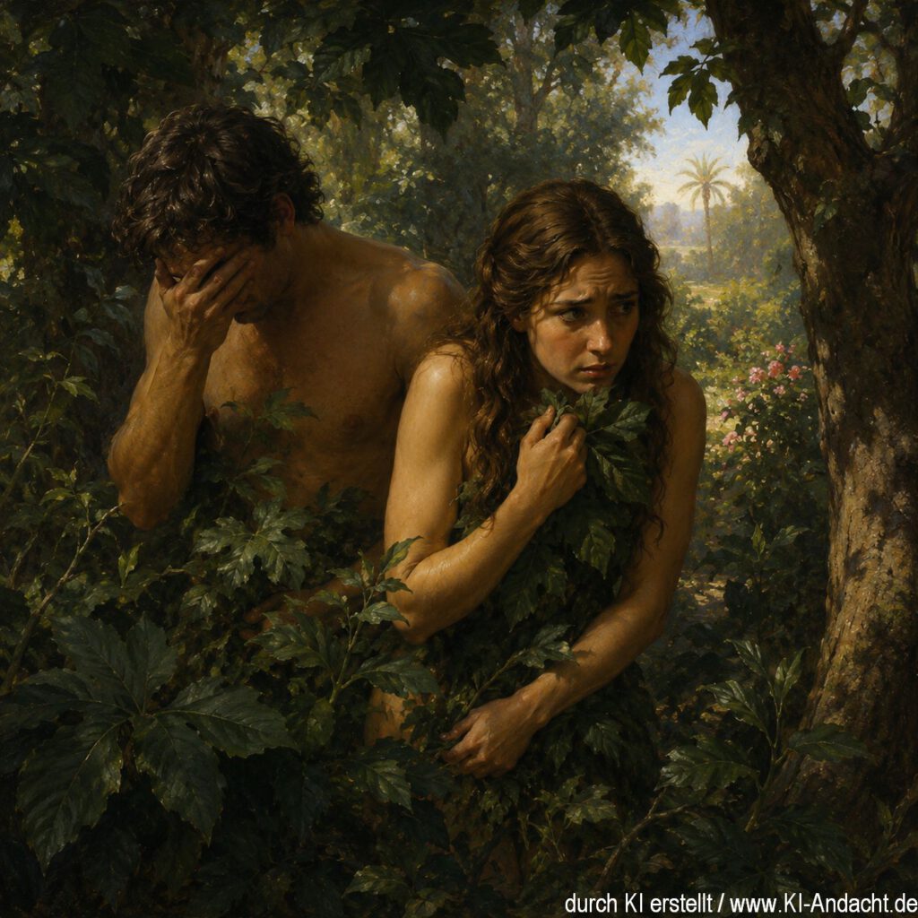 Adam und Eva entdecken ihre Nacktheit und verstecken sich, ChatGPT