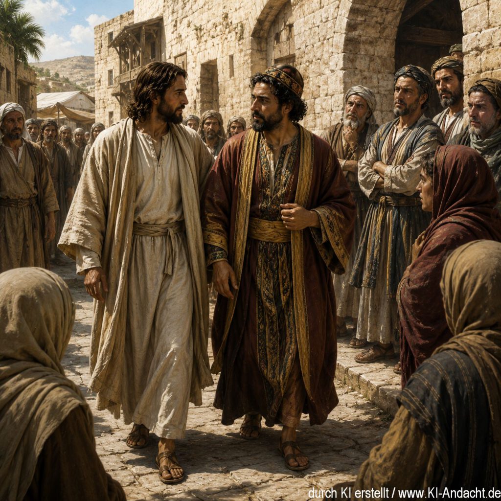 Jesus und Zachäus gehen gemeinsam durch eine Straße in Jericho zu dessen Haus, ChatGPT