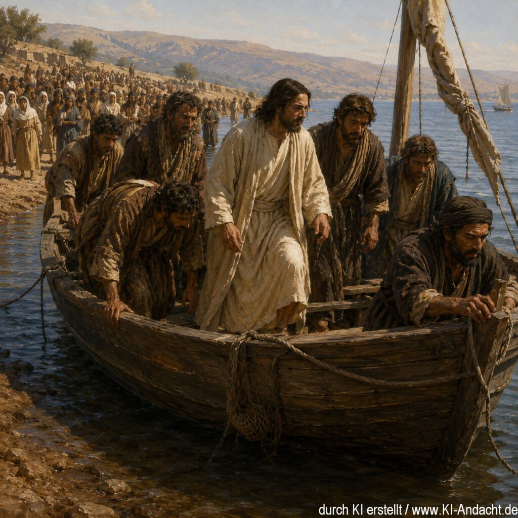 Jesus und seine Jünger steigen in ein Holzboot, um dem Gedränge für eine Weile zu entkommen, ChatGPT