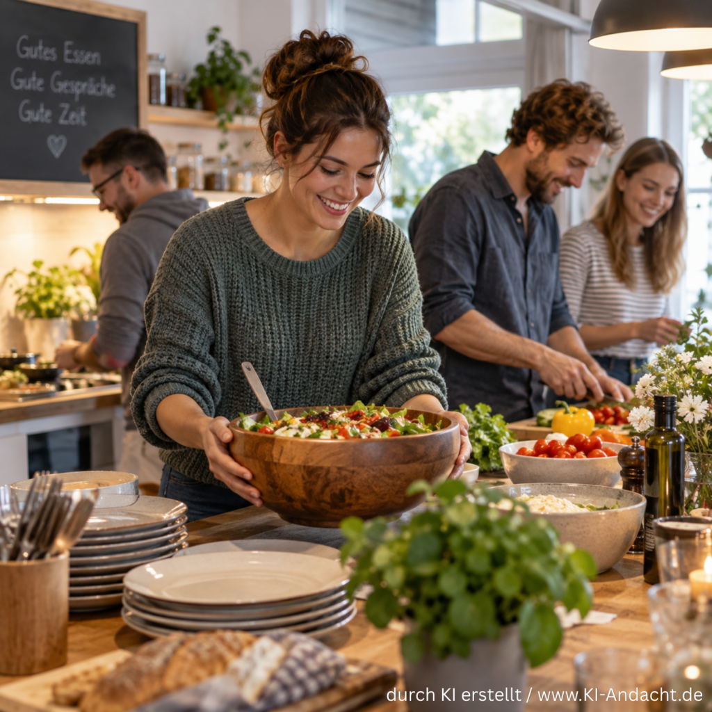 Mehrere Menschen bereiten ein großes Essen für Freunde vor, ChatGPT