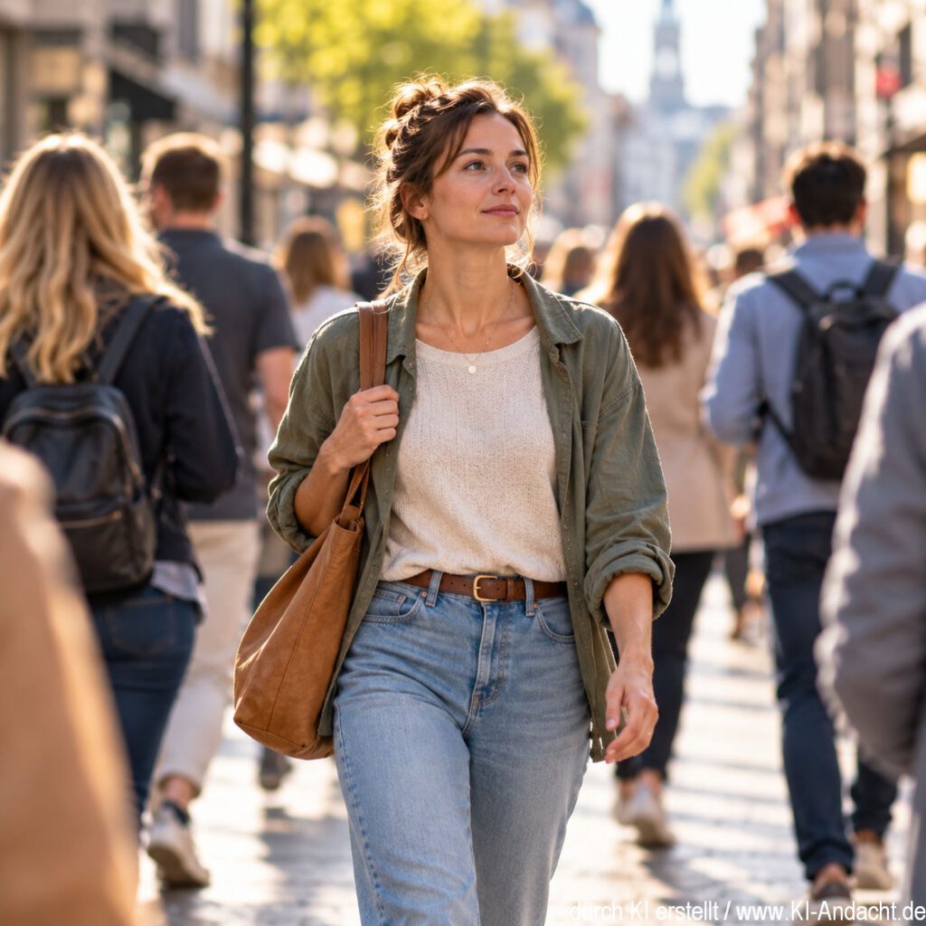 Gelassene Frau im Stadtgewimmel, ChatGPT