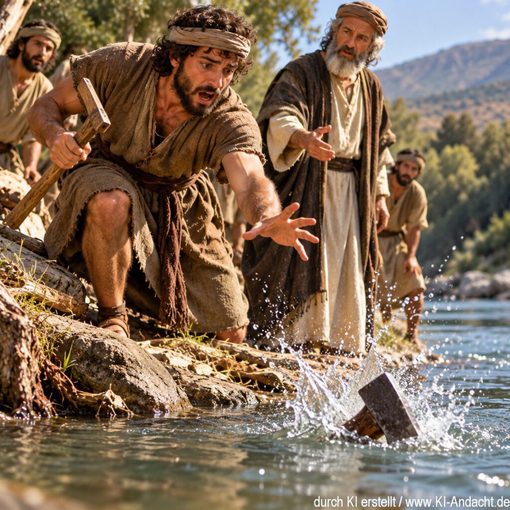Das ober Teil der Axt fällt in den Fluss